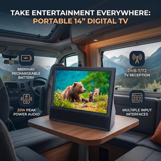 Draagbare Tv - Kleine Televisie - Kamperen Keuken - Ingebouwde Batterij - 14 Inch - Zwart — afbeelding 3