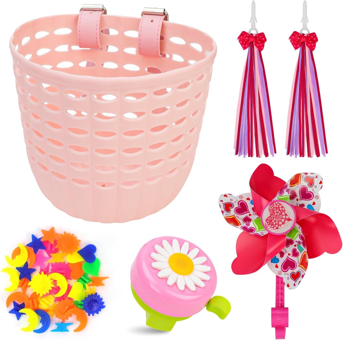 Oumers Fietsmandset voor kinderen, decoratieaccessoires voor kinderfietsen met spaakkralen, fietsmand van kunststof, fietsbel, fietswindmolen