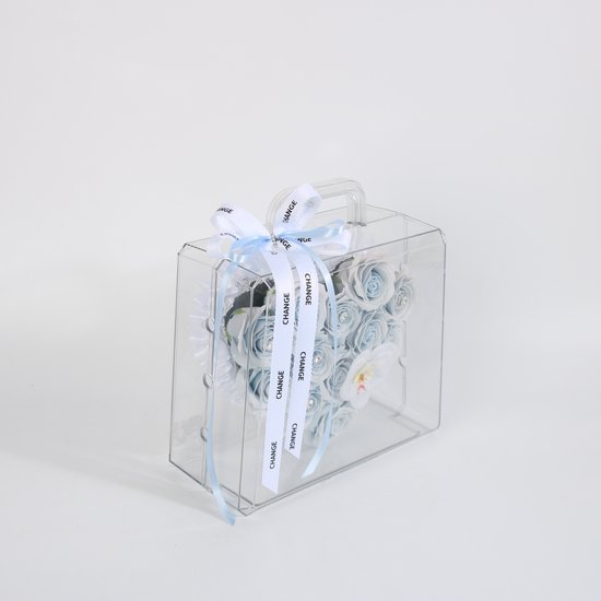 La Roselle Amsterdam Blue Heart Rose Case – Luxe Kunstrozen in Transparante Handtas – Lichtblauw Bloemenarrangement met Orchidee