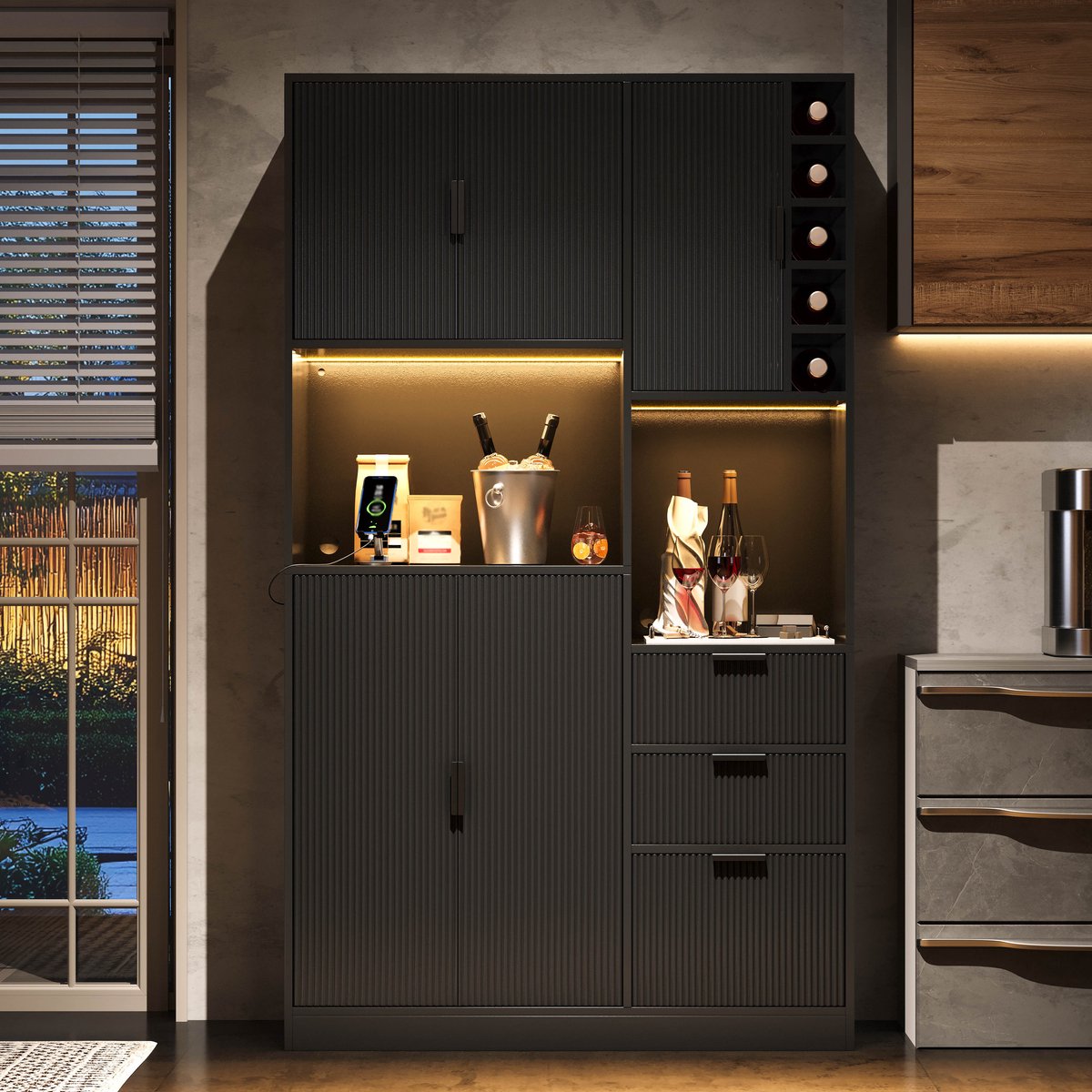 Keukenkast, moderne hoge opberg- en wijnkast met verstelbare planken, 3 lades, wijnrek, kleurveranderende ledverlichting en stopcontacten, 180×105×40 cm
