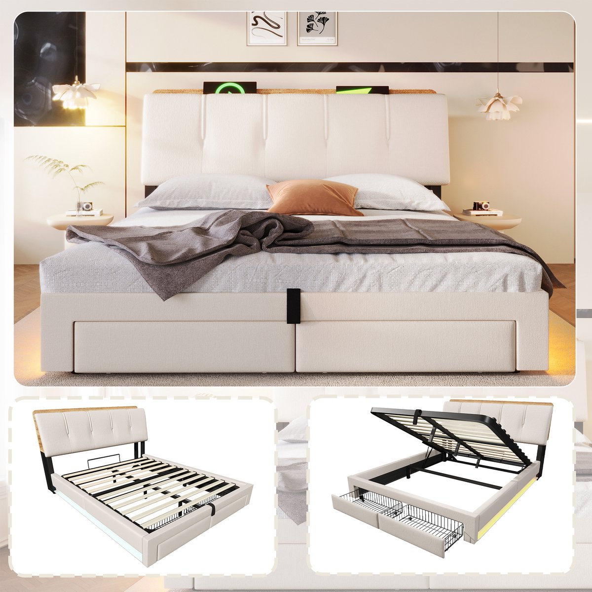 MODENUIT Gestoffeerd bed 140x200 cm – Met USB en USB-C – LED-verlichting en hydraulische opbergruimte – Zonder matras – Beige