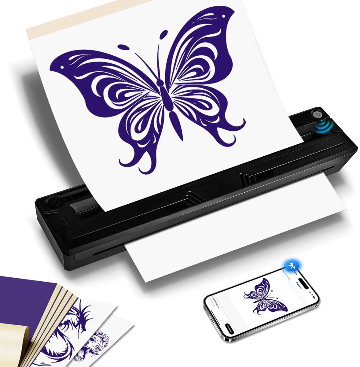 Bluetooth Tattoo Printer, Thermal Copier with 10 Pieces Stencil Paper, Tattoo Transfer + A4 Thermal Paper, Thermal Printer, Tattoo Machine for Artists and Beginners
