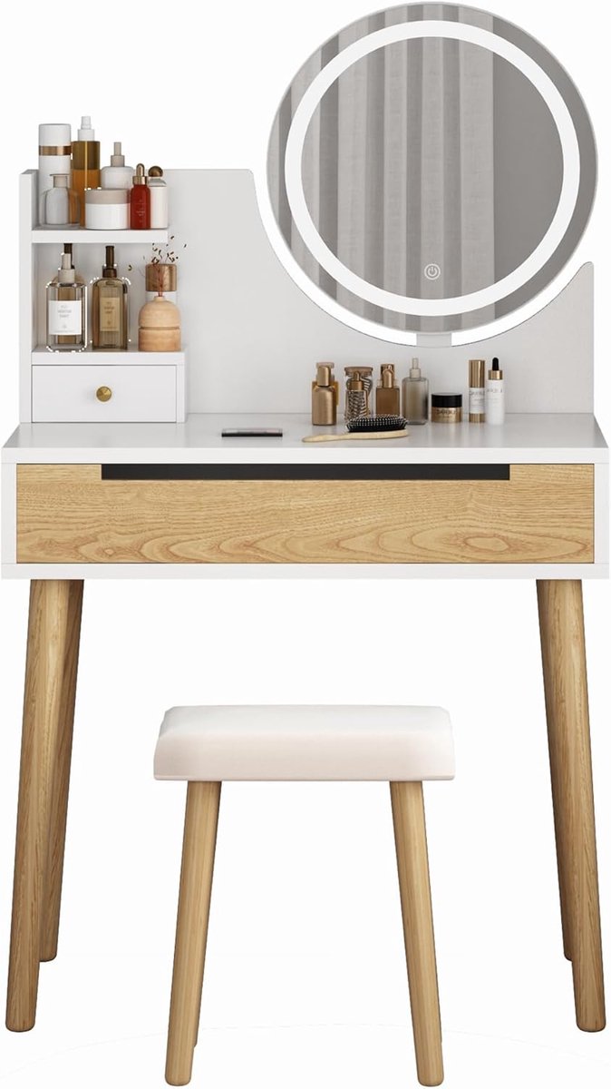 HOERFURIY Kaptafel met Verlichte Spiegel en Krukje - Wit - Make-up Tafel met 3 Lichtstanden - Touch Bediening - 70 cm Breed - Modern Design