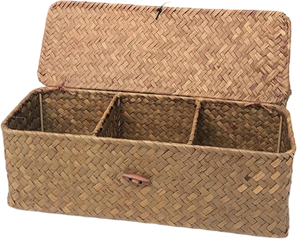 Wicker Opbergmand - Woven Organizer - Badkamer Opbergen - Drie Compartimenten - 32x12x11 cm - Khaki
