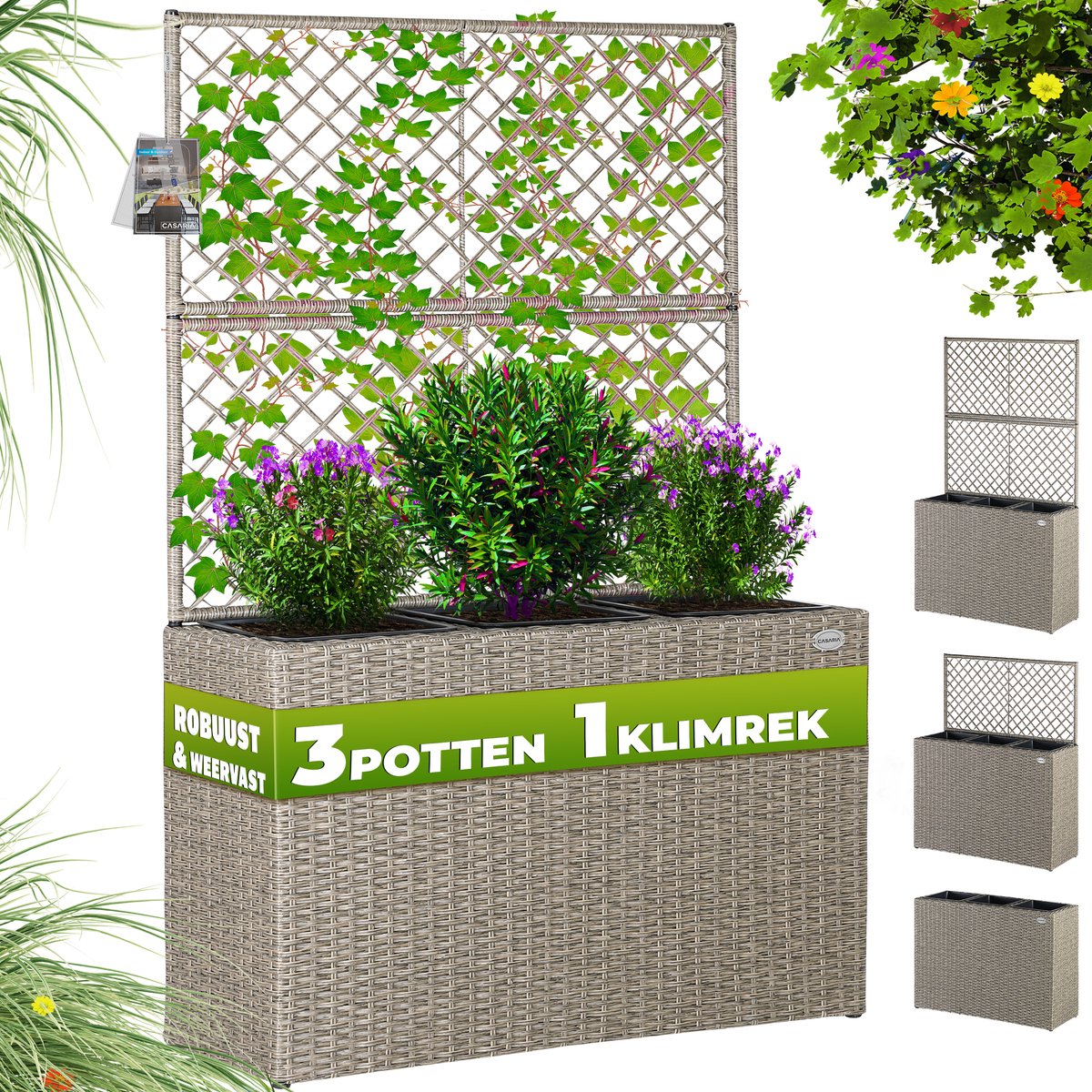 Casaria Polyrattan Plantenbak met Klimrek – 3 Bloembakken – 83x31x146 cm – Creme — afbeelding 2