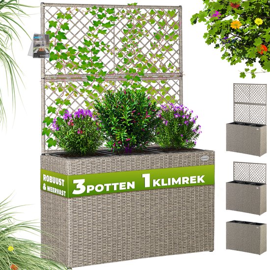 Crème plantenbak met klimrek en planten. 'ROBUUST & WEERVAAST', '3 POTten 1 KLIMREK' tekst.