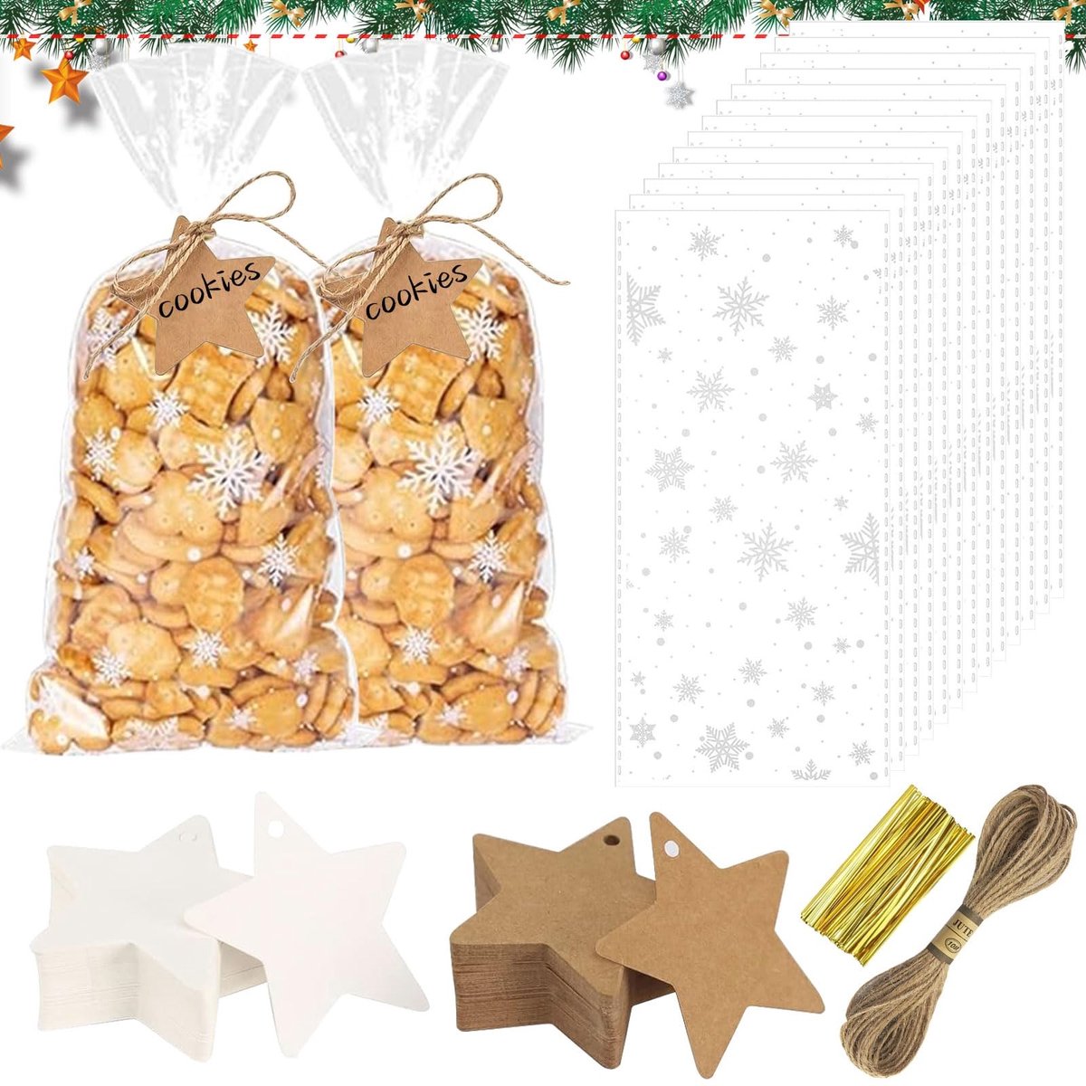 Dailygoods- Kerstsnoepzakjes 100 stuks - Kraftpapieren zakjes - Draaibinders - Cadeauzakjes - Sneeuwvlokpatroon - Voedselveilige OPP-kunststof
