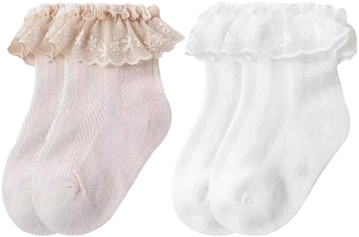 Dailygoods- Doopsokken 2 paar - Kanten Sokken met Ruches - Sokken voor Meisjes - Enkelsokken - Antislip - Zachte Naden