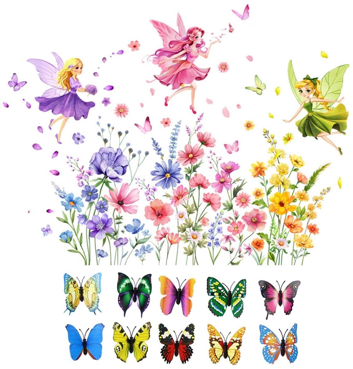 Dailygoods- Muursticker Bloem Fee - 3D Driedimensionale Vlinders - Slaapkamer Decoratie - Milieuvriendelijk PVC - 100x75 cm - Romantische Atmosfeer - Muurdecoratie
