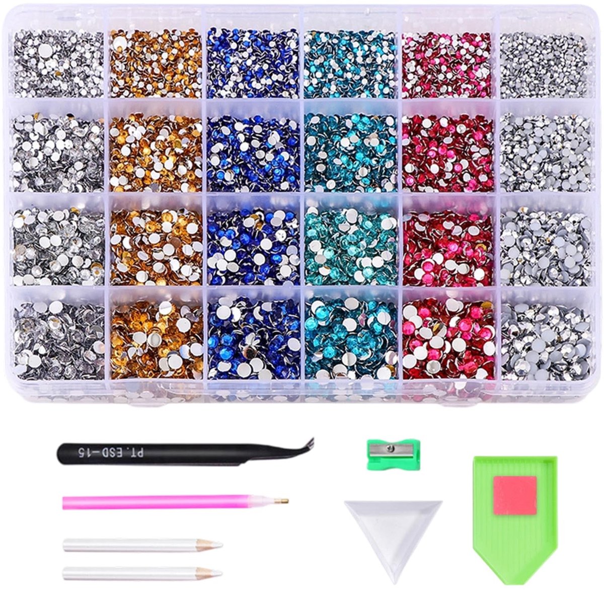 Dailygoods- Strass-steentjes Set 24 Kleuren - Nagelkunst Sierstenen - Pincet en Waspeld - Opbergdoos - Professioneel Nageldesign - Nail Art