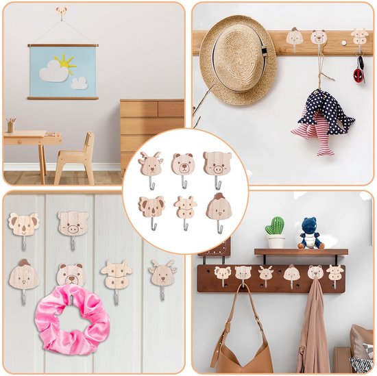 Kledinghaken dieren set van 6 - houten zelfklevend - schattige motieven - vrolijke decoratie voor kinderen - ShopVlot — afbeelding 5
