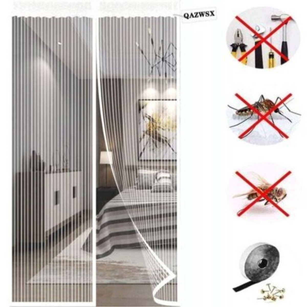 Duurzaam magnetisch muggennet, geschikt voor geschikt voordeuren, magnetische sluiting, verdikt scheurvast gaas, geschikt voorkomt effectief muggenbeten, wit - Gordijnmaat: 120 x 220 cm