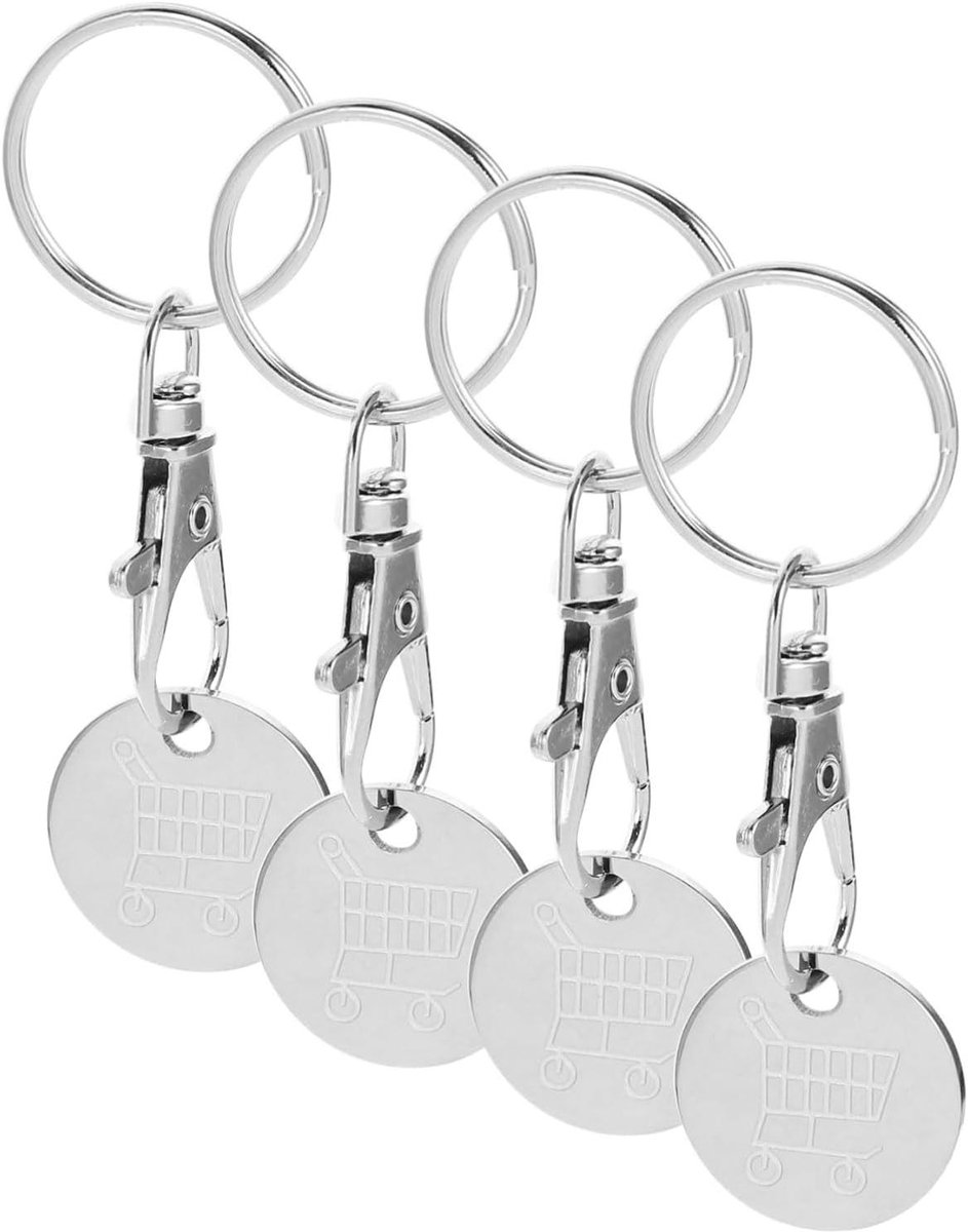 Winkelwagen Munt - Sleutelhanger Token - Boodschappen Doen - Roestvrij Staal - 4 Stuks - Zilver
