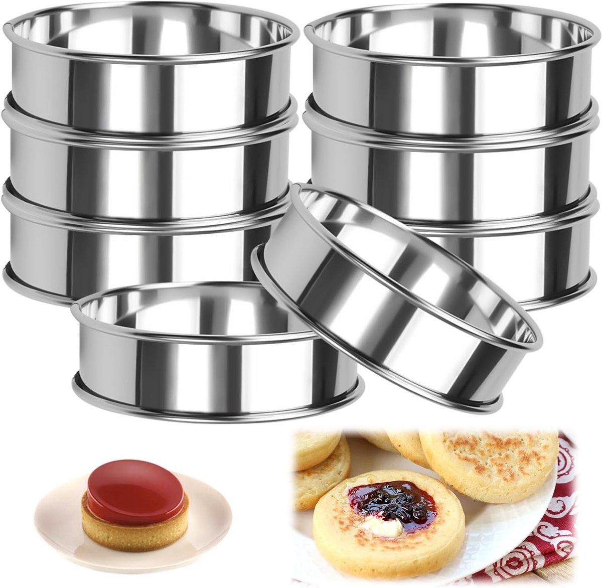 Set van 8 Ronde Crumpet Ringen 10.5 cm - Roestvrijstalen Bakringen voor Taarten, Muffins en Desserts, Ideaal voor Mousse en Gebak