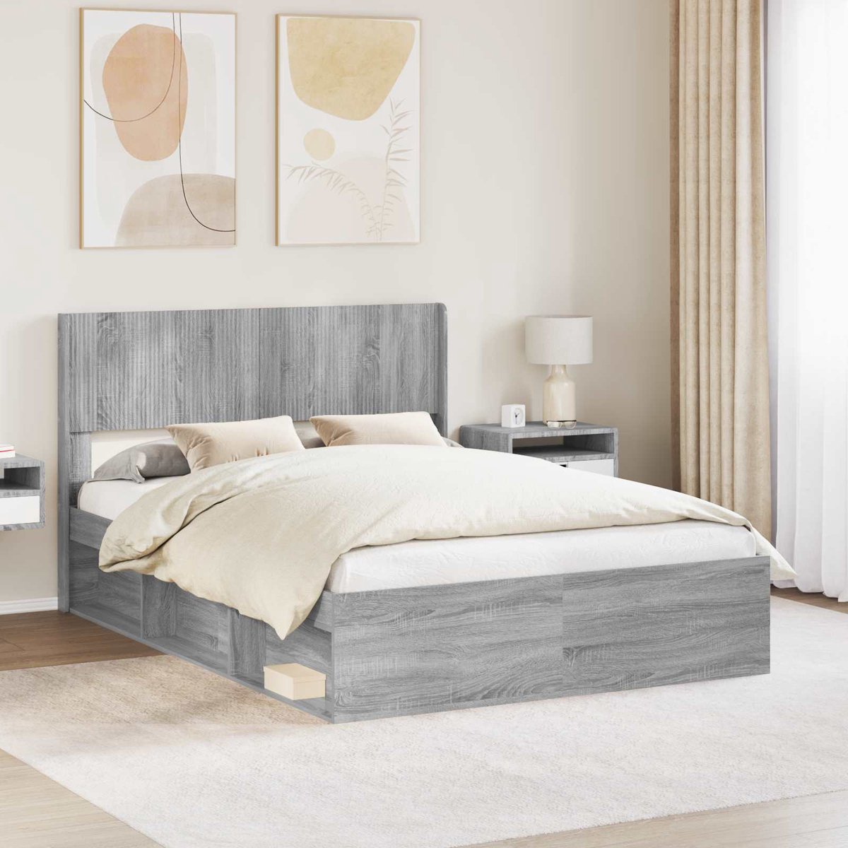 vidaXL - Bedframe - met - opbergruimte - en - hoofdbord - Grijs - Sonoma