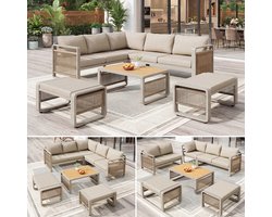 Tuin Loungeset 6-7 pers. - Beige - Handgeweven Touw - Spatwaterbestendig - Verstelbare Voeten