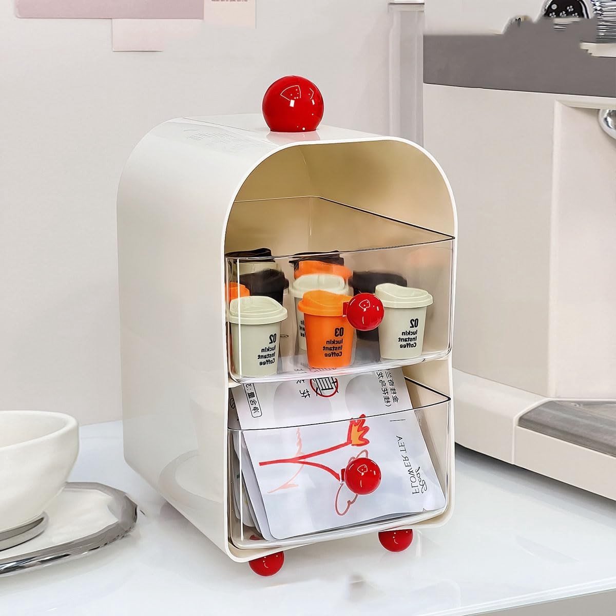 Organizer voor theezakjes en koffiecapsules - 2-laags opslag voor suiker en theeboxen - Ideaal voor keukenkast en aanrecht (Roze)