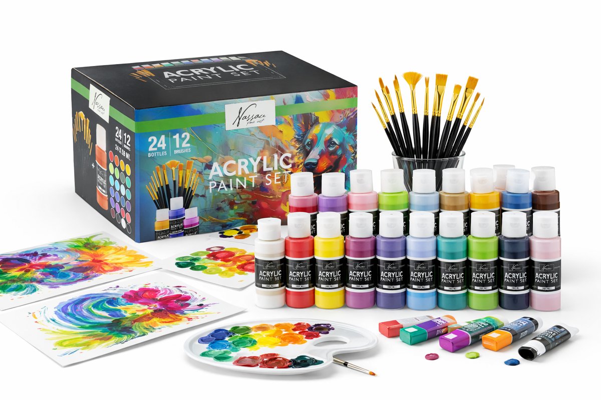 Acrylverf Set 36pcs - 24x Acrylverf Tubes 59ML & 12x Penselen – Compleet Schilderpakket voor Volwassenen en Kinderen — afbeelding 5