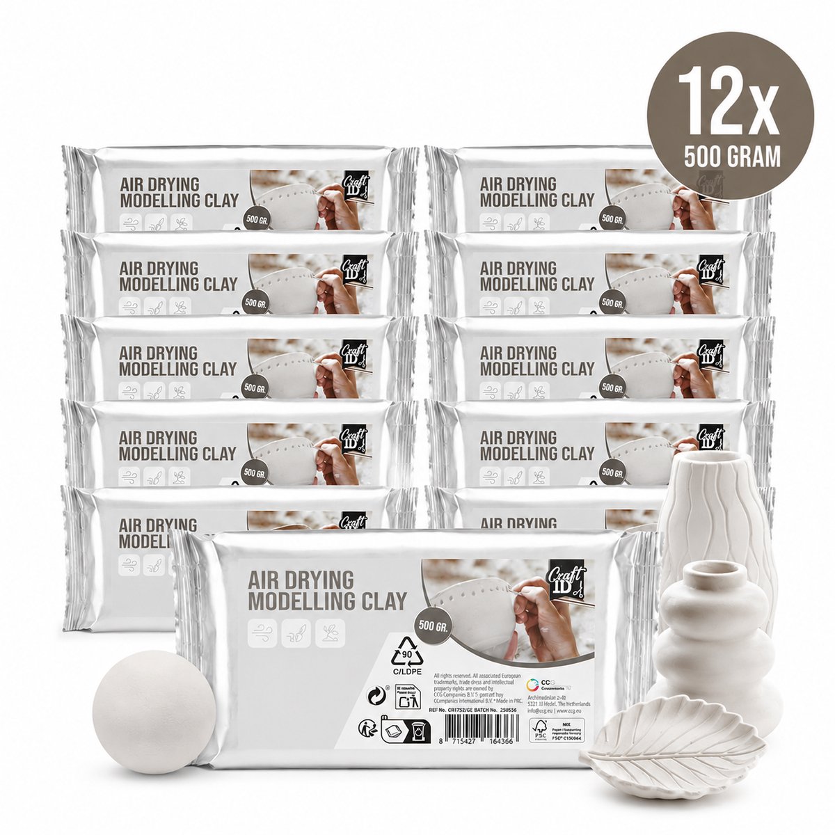 Joya Creative Boetseerklei Wit - Luchthardende Klei Zelfdrogende Klei - Air Dry Clay - 12x 500 Gram - Klei Volwassenen en Kinderen