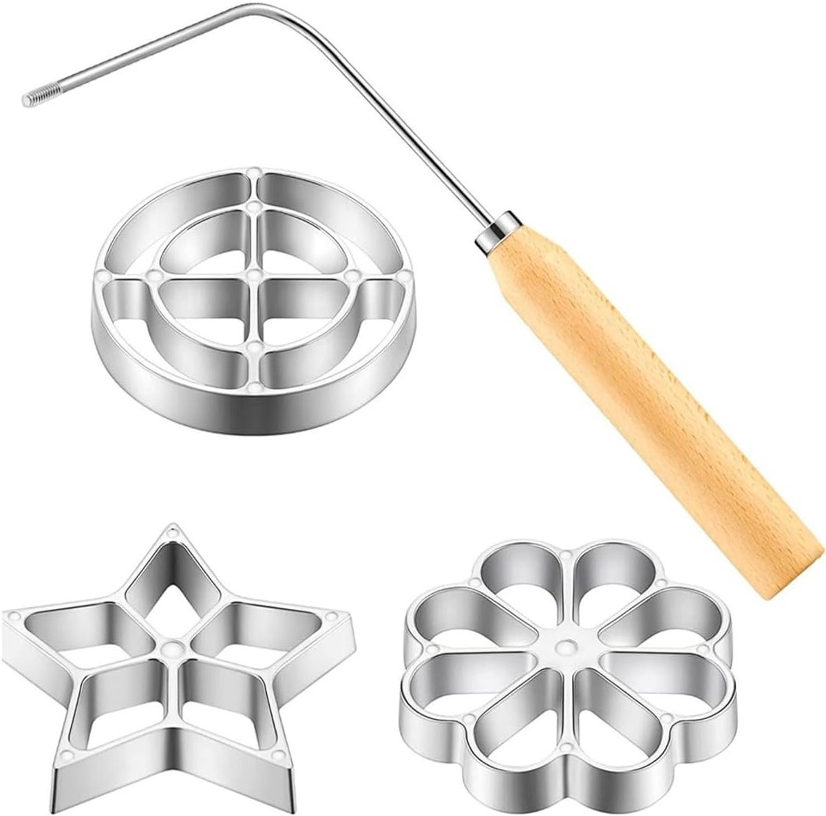 Set van 4 Wafelvormen met Houten Handvat, Rozenmotief, Ideaal voor Bakken en Decoreren van Desserts