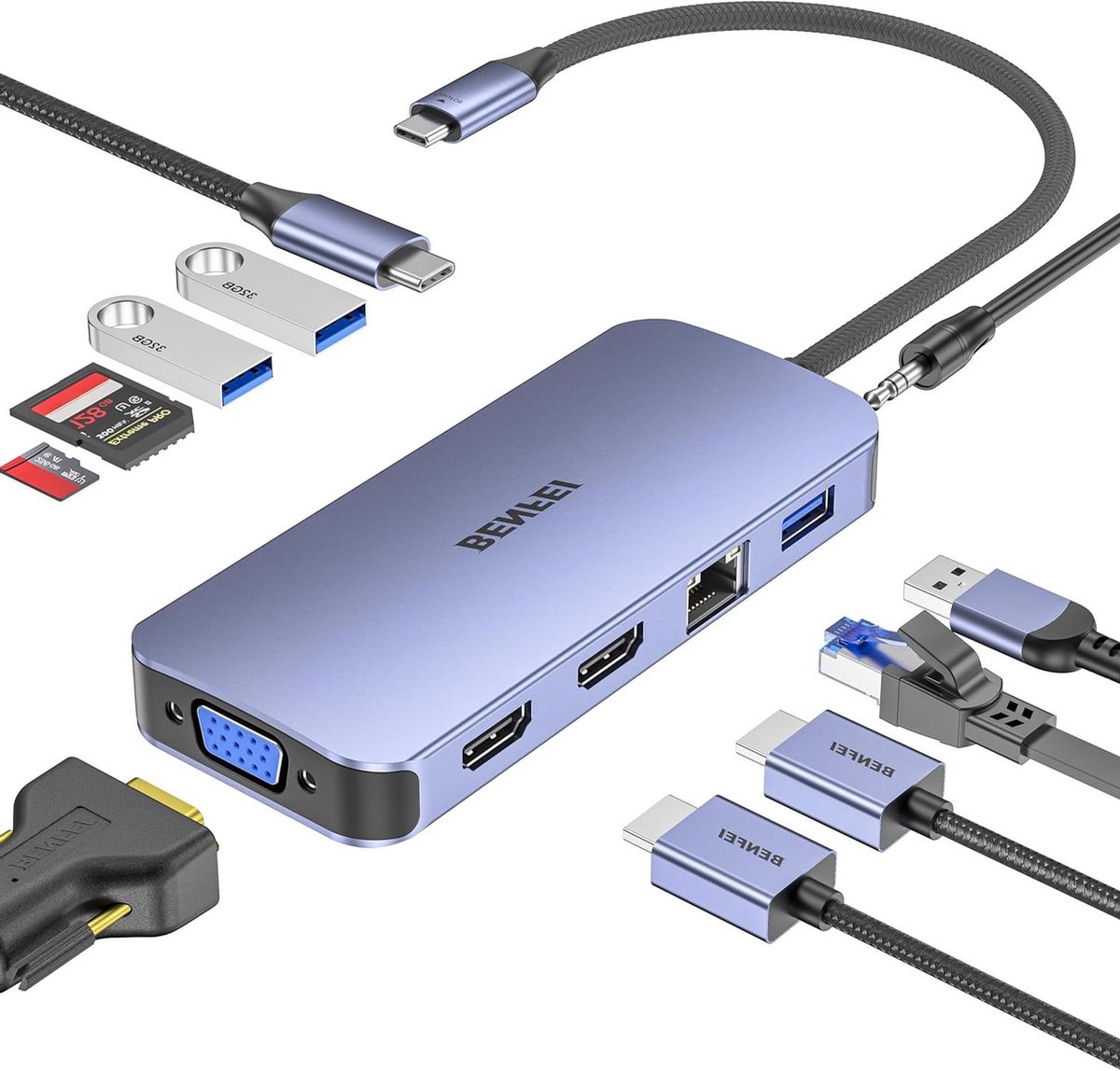 USB C Hub - Docking Station - Laptop Uitbreiding - Triple Display - 11 Poorten - Grijs