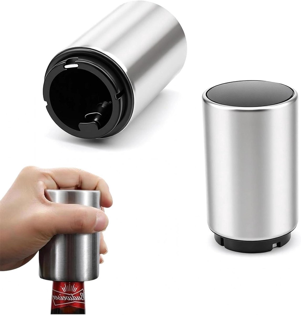 Automatische Flesopener - Drukopener Bieropener - Flessen Openen - Met Magneet - 2 stuks - Zilver Zwart