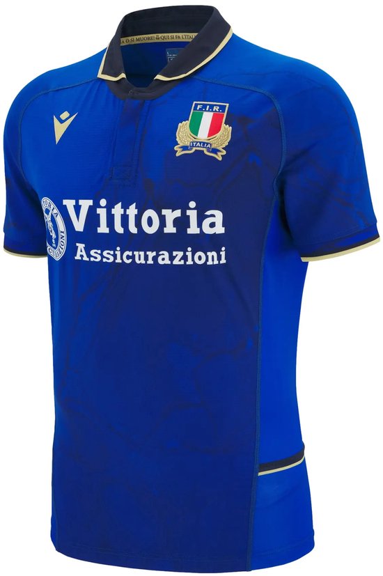 Blauw Italiaans shirt met 'Vittoria Assicurazioni' op de voorkant. Macron logo en F.I.R. wapenschild.