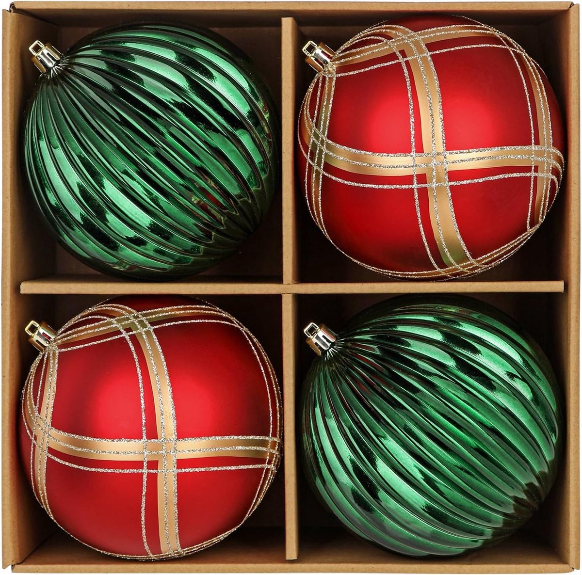 Set van 4 Grote Shiny Kerstballen 12 cm in Rood en Groen met Cadeauverpakking en Ophanghaken voor Kerstboomdecoratie