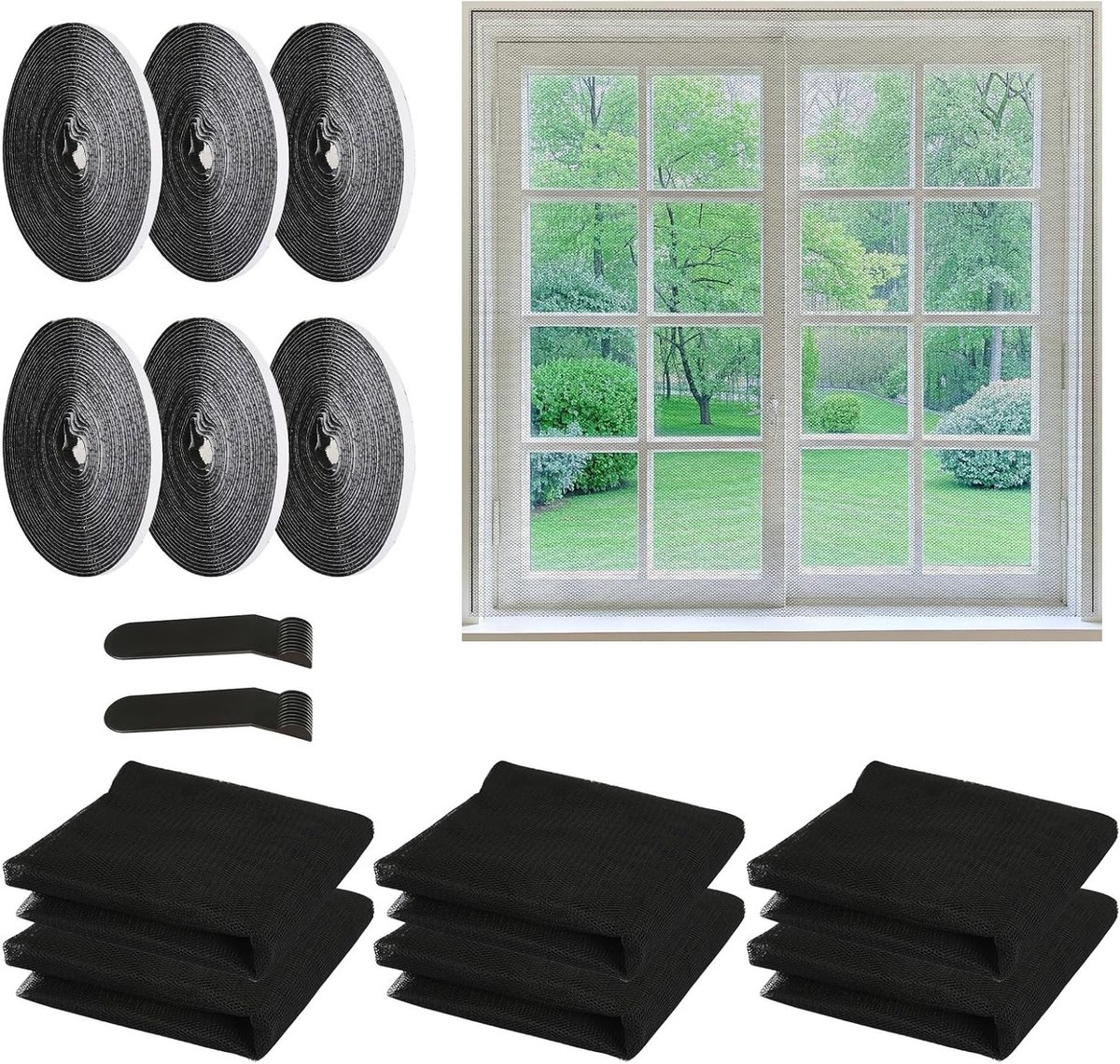 Insectenwerend Hor voor Raam, 130 x 150 cm, Set van 6, Zelfklevend Muggennet met Klittenband, Ideaal voor Bescherming tegen Insecten en Muggen