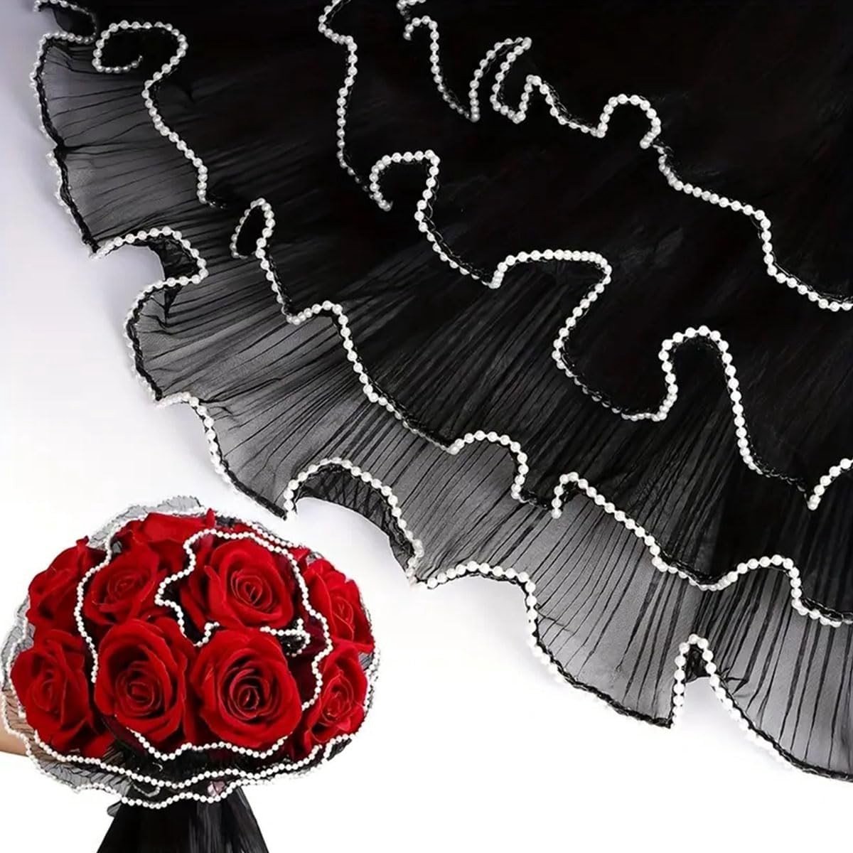 Elegante doorschijnende inpakpapier voor bloemen, geschenkverpakking en bruiloftsdecoratie met parelrand en rimpel (zwart, klein)