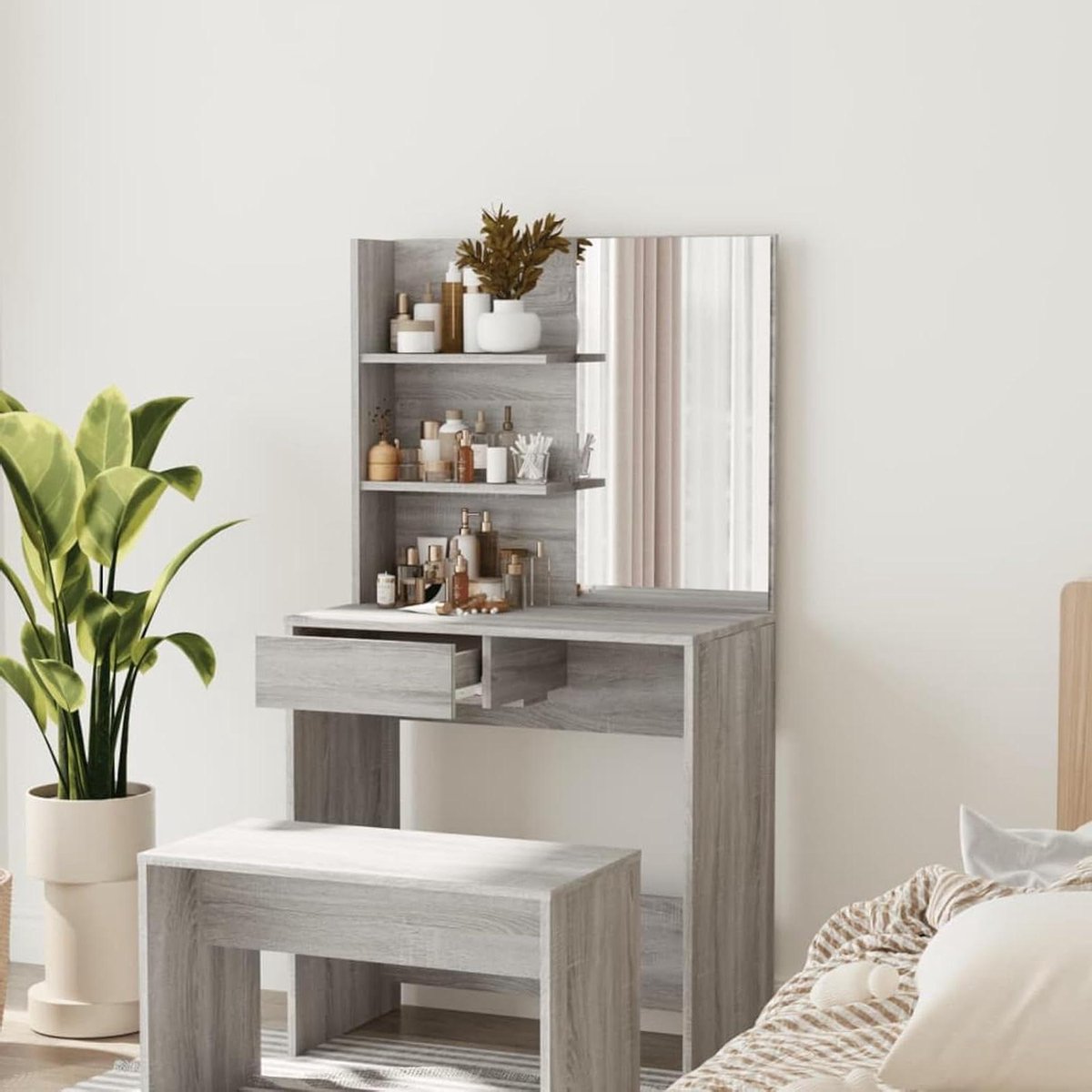 Make-uptafel met spiegel - Kaptafel meubel - Schoonheidsroutine - Grote opbergruimte - 74.5 x 40 x 141 cm - Grijs
