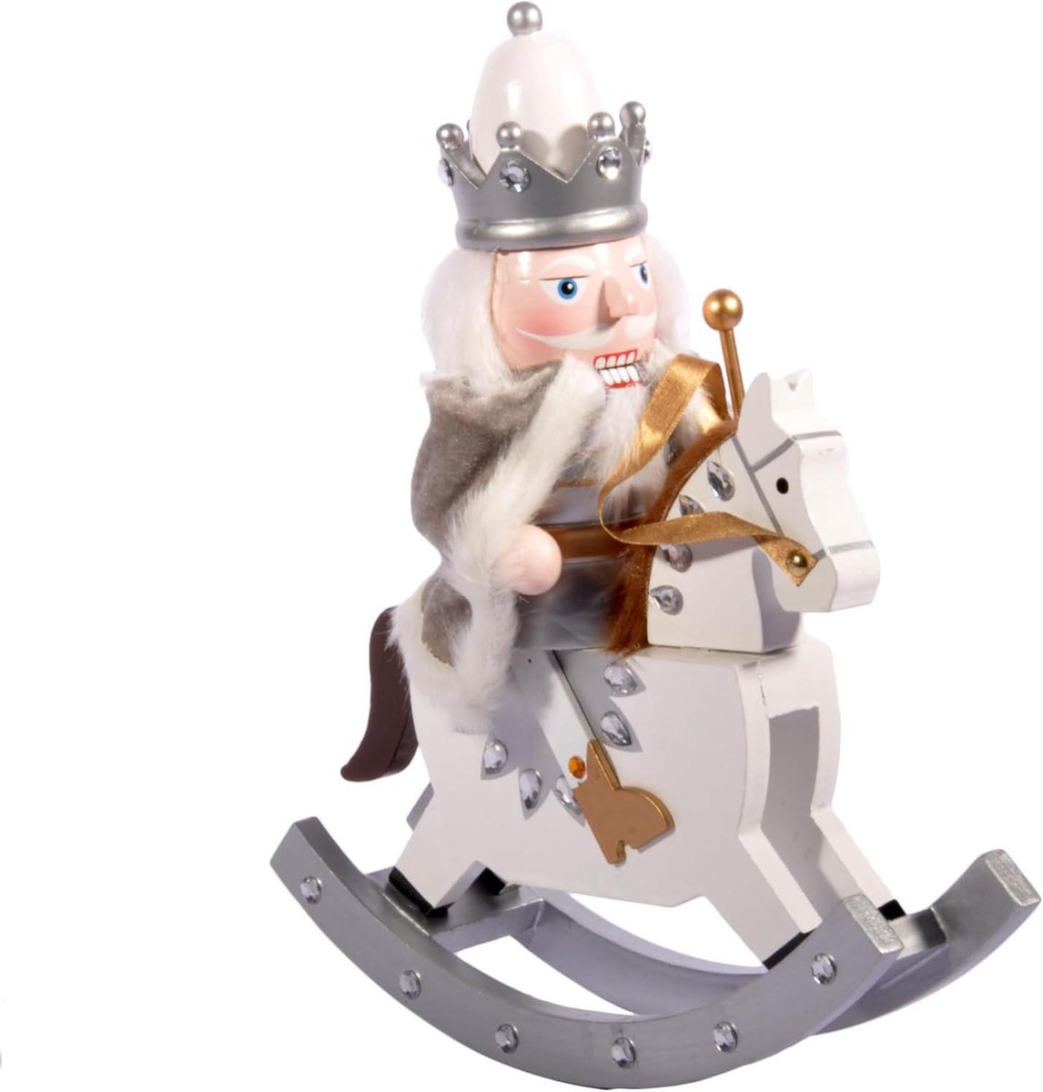 Kerst Notenkraker Soldaat - Houten Figuur - Kerst Decoratie - Op Paard - 28 cm - Wit/Zilver