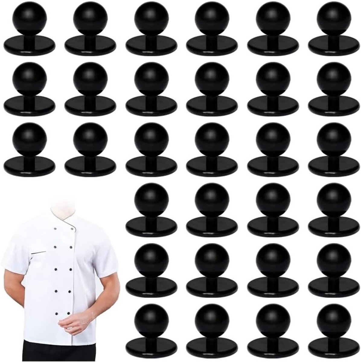 30 Stuks Ball Knobs voor Kookjassen - Standaard Ballenknoppen, Kookjacket Accessoires, Professionele Keuken Knoppen met 11mm Kopdiameter, Zwart