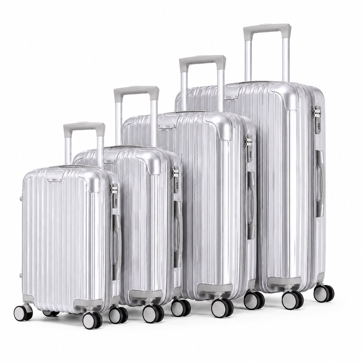 Royal Swiss® Kofferset 4 Delig - Hardcase Reiskoffers - TSA Slot - 360° Spinner Wielen - 18/20/24/28 Inch - Zilver