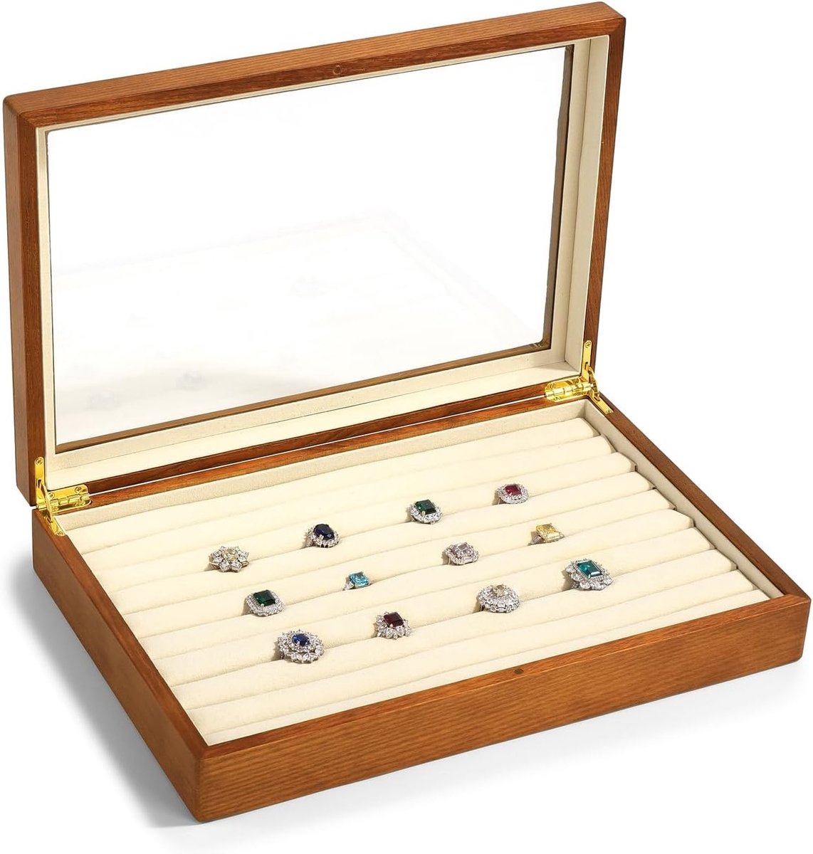 Houten Sieradenbox met 9 Slots voor Ringen en Oorbellen, Luxe Opbergdoos en Display voor Dames, Organisator voor Sieraden