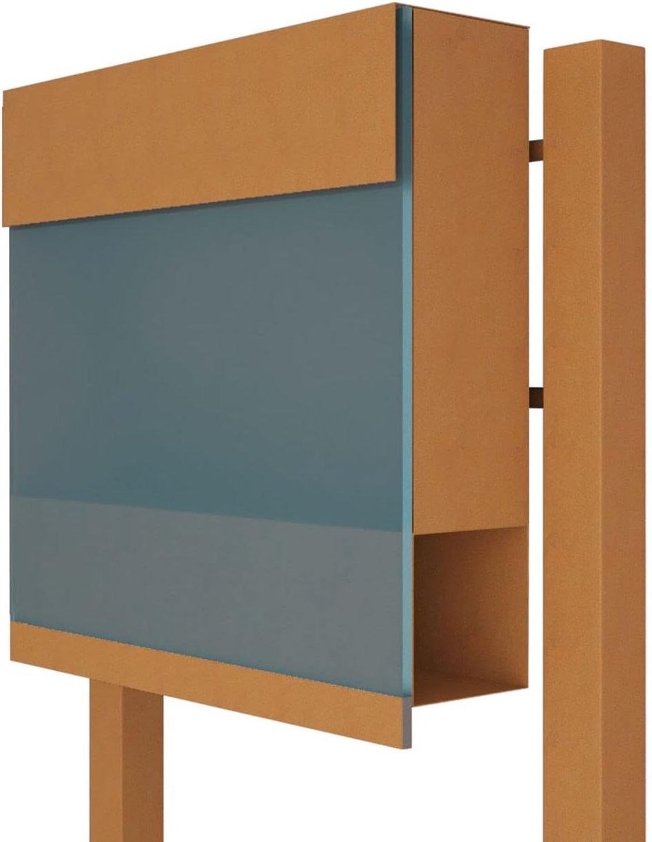 Staande brievenbus - Brievenbus buiten - Post ontvangen - Blauw glas accent - 125 cm hoog - Roest mat