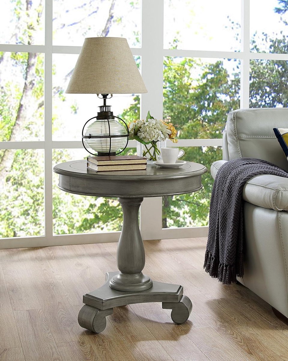 Ronde bijzettafel - Houten tafel - Woonkamer decoratie - Gedraaide poot - 66 cm hoog - Grijs