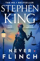 Couverture du livre : STEPHEN KING NEVER FLINCH. Statue de Lady Justice bandée, balance, tache rouge. 'THE NO.1 BESTSELLER'.