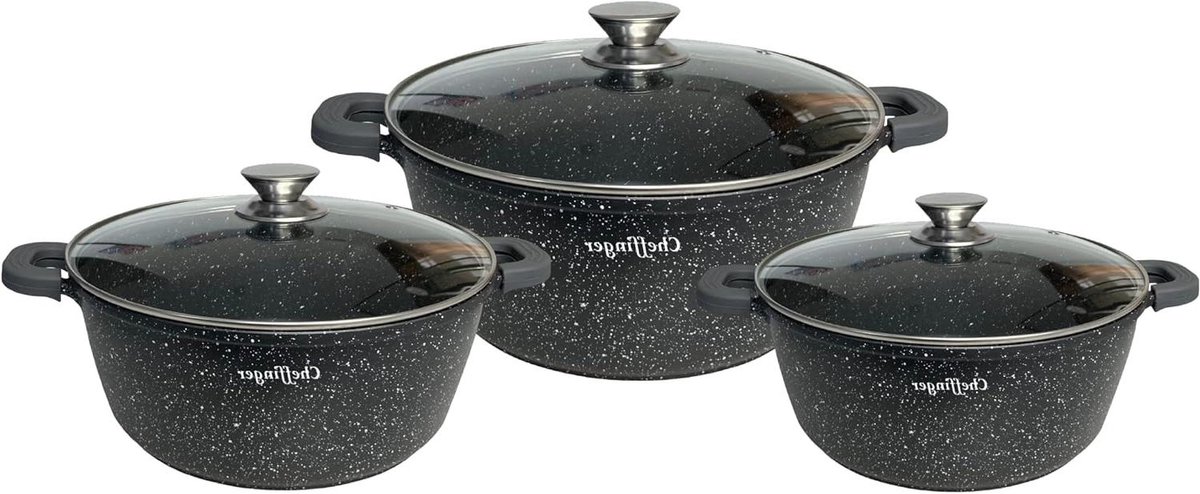 Pan Set - Kookgerei Set - Lekker Koken - Marmer Coating - 3 Delen - Metallic