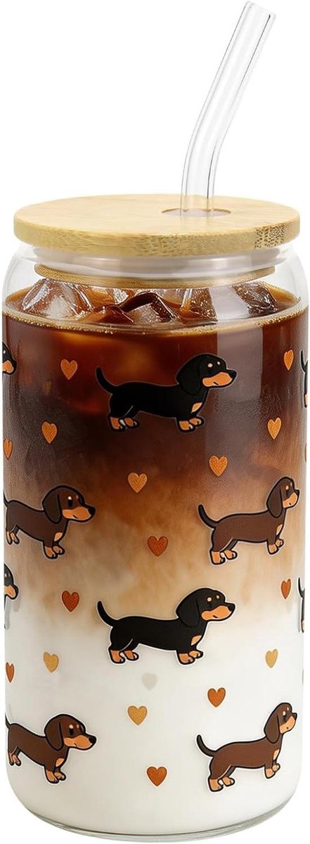 Teckel Drinkglas - Honden Beker - Warme Koude Dranken - Met Bamboe Deksel - 500 ml - Transparant