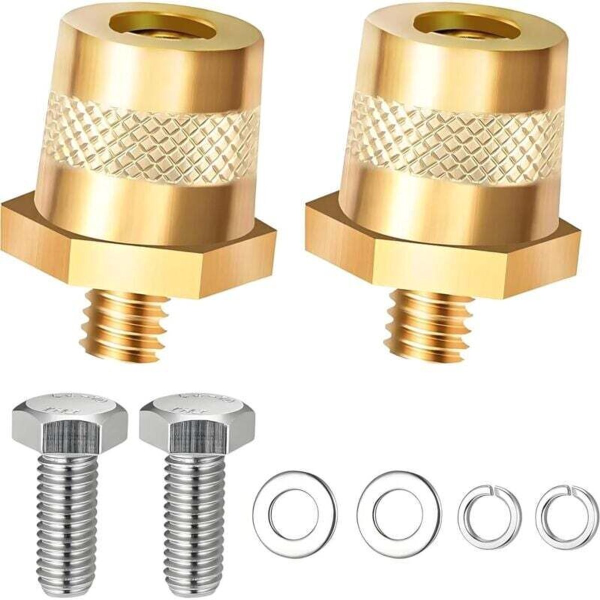 Een paar M8 messing accuadapters, accuklemmen en adapters voor lithiumaccuklemmen.