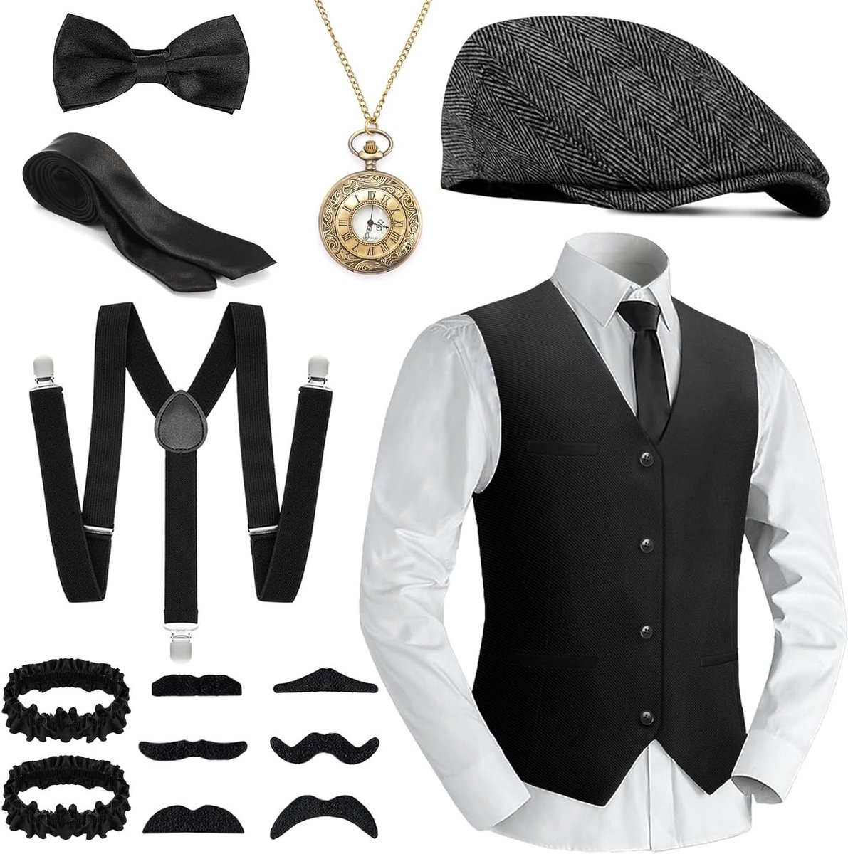 1920s Mannenaccessoires voor Carnaval en Themafeesten - Peaky Blinders Kostuum met Suspender Set en Decoratie (Zwart-2, M)