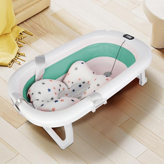 Opvouwbaar babybad - Babybadje met thermometer - Veilig badderen - Digitale temperatuurmeter - 80 x 50 x 23 cm - Groen — afbeelding 2