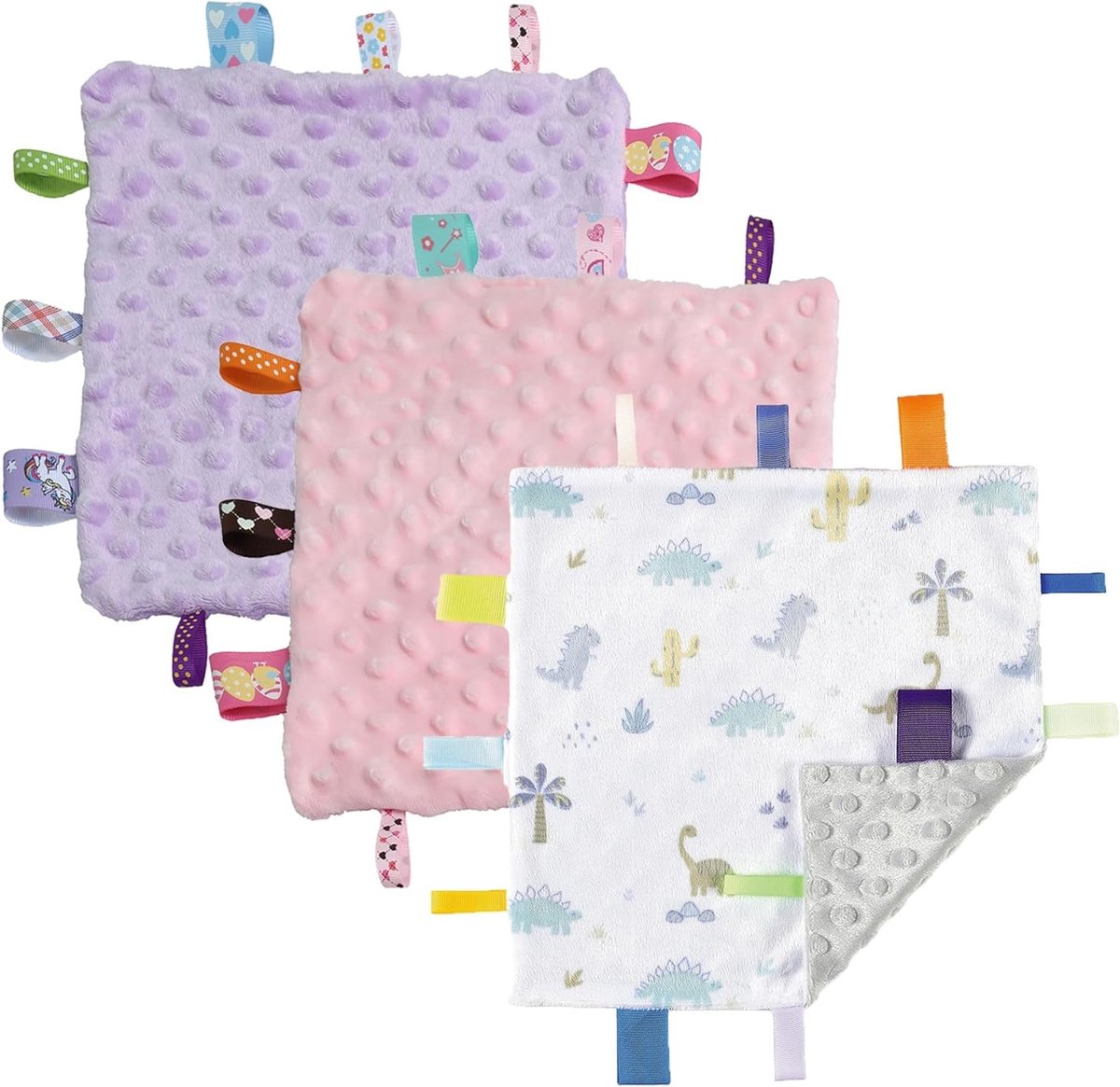Zachte Sensory Dekentjes voor Baby's, Ideaal als Kraamcadeau of Verjaardagscadeau, 24x24cm Dino + Roze + Paars