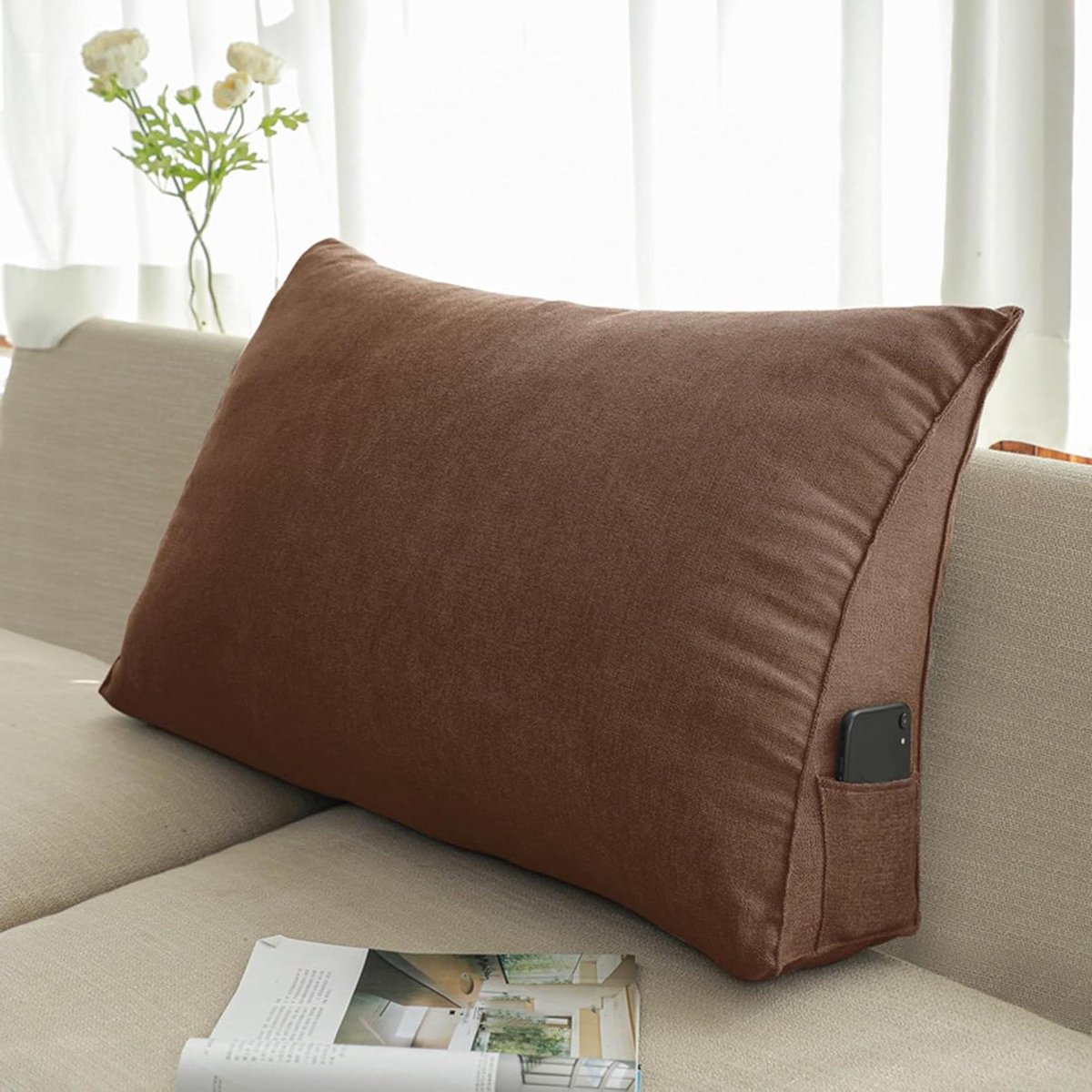 Driehoekig Rugkussen - Leeskussen Bed Wigkussen - Comfort Verhogend - Met Zijvak - 90 x 50 x 20 cm - Geel