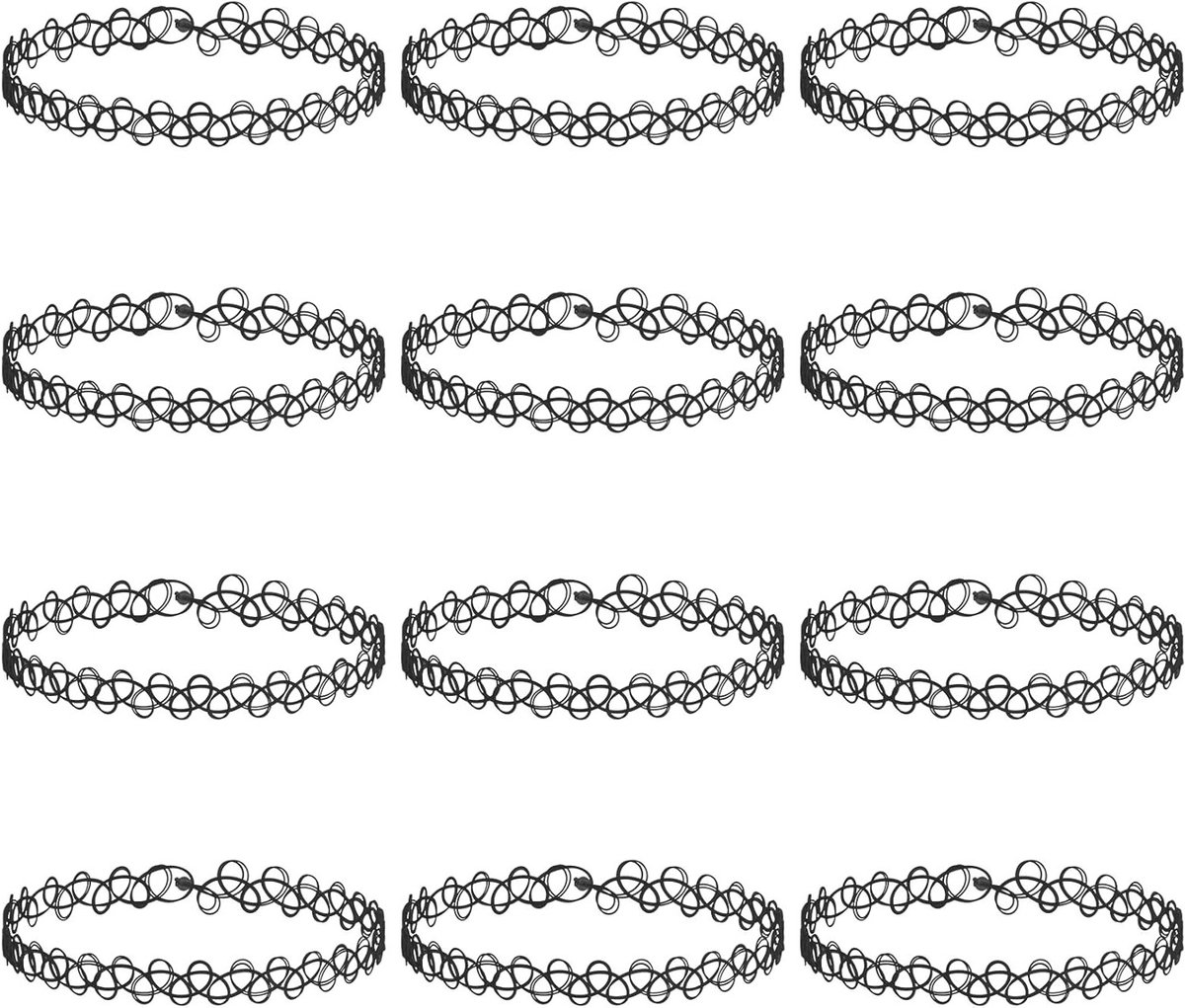 Dailygoods- Halskettingset 12 Stuks - Zwarte Stretch Halsbanden - Choker Ketting - Vintage/Punk/Gothic - Jaren 90 Accessoires - Rekbaar tot 60 cm