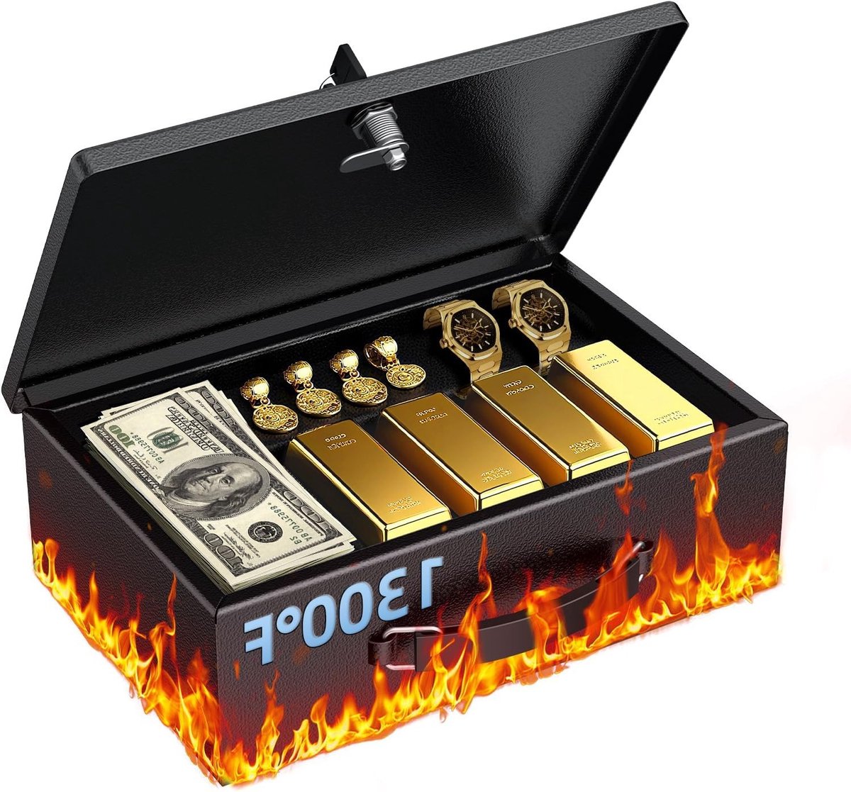 Brandveilige Documentenbox met Sleutelslot en Handvat, 32 x 21 x 10.5 cm, Waterdichte Kluis voor Waardevolle Spullen, Paspoorten en Geld, Draagbare Metalen Opbergbox