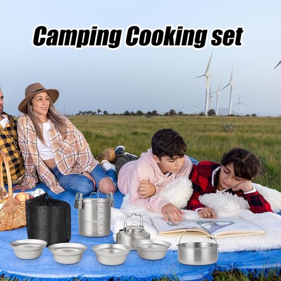 Camping Kookgerei Set - Kampvuur Pan - Buiten Koken - Sterk Roestvrij Staal - 7-delig - Zilver — afbeelding 4