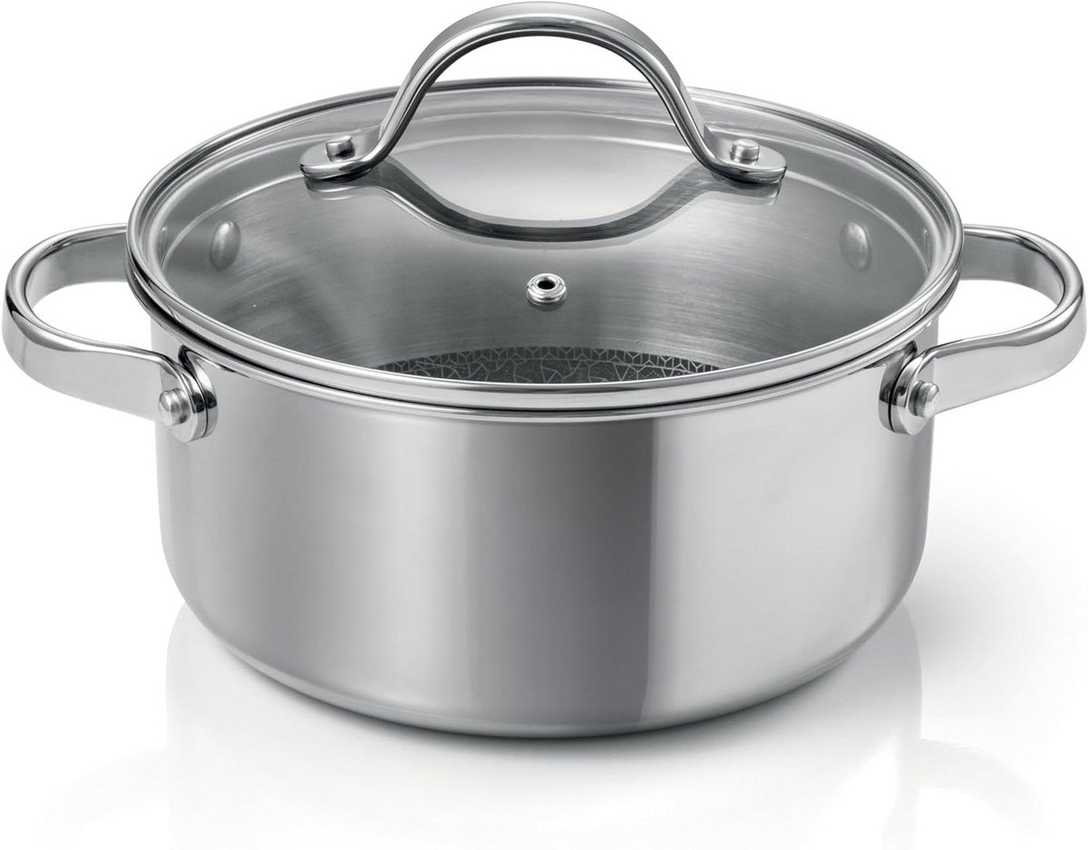 Steelpan met Deksel - Kookpan Sauspan - Koken en Verwarmen - Duurzame Antiaanbaklaag - 18 cm 2 Liter - Zilver