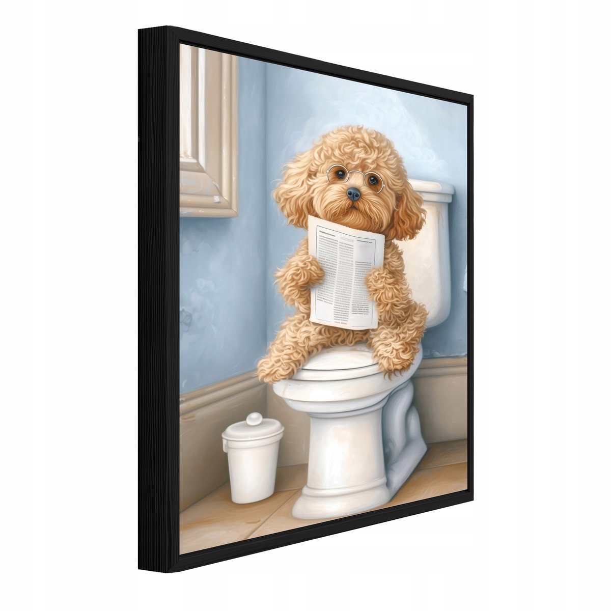 WALLARENA Schilderij op canvas in zwarte lijst - 40x30 cm - grappige hond op toilet - badkamer wanddecoratie en toilet decoratie Veelkleurig